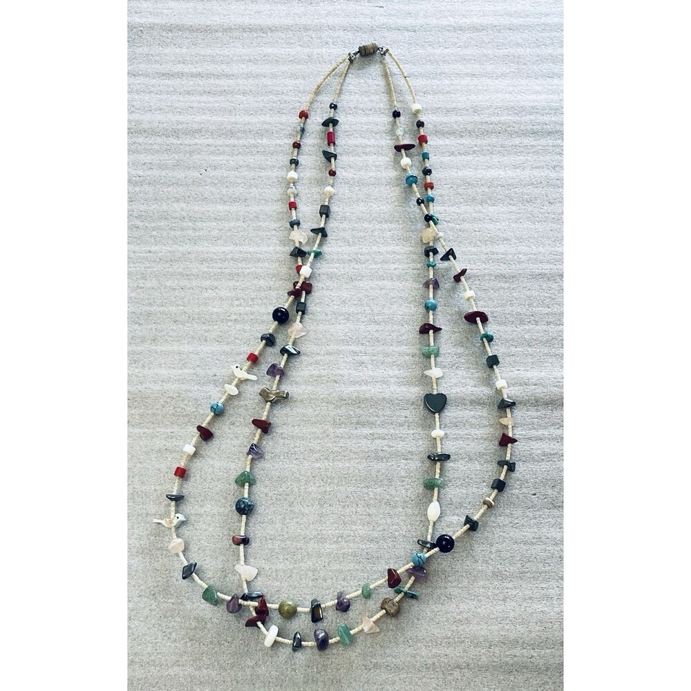 VTG Zuni Inspired Heishi Beads Necklace Double Strand Turquoise Agate Birds 26"